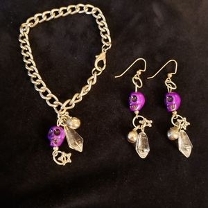 Purple Skull & Clear Faux Crystal Earrings & Bracelet set